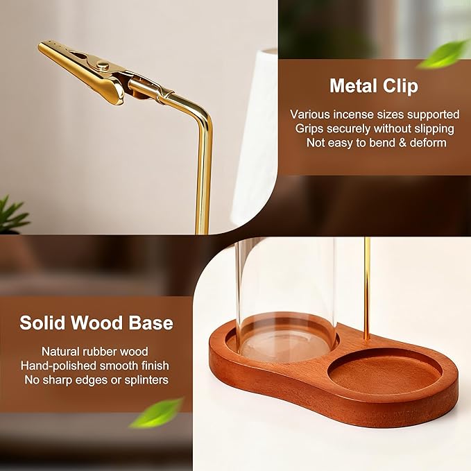 2 in 1 Incense Holder for Sticks, Wooden Incense Holder for Sticks with Glass Ash Catcher, Anti-ash Incense Burner with 20 Incense Sticks and a Ash Brush for Meditation Yoga Spa Room Decor