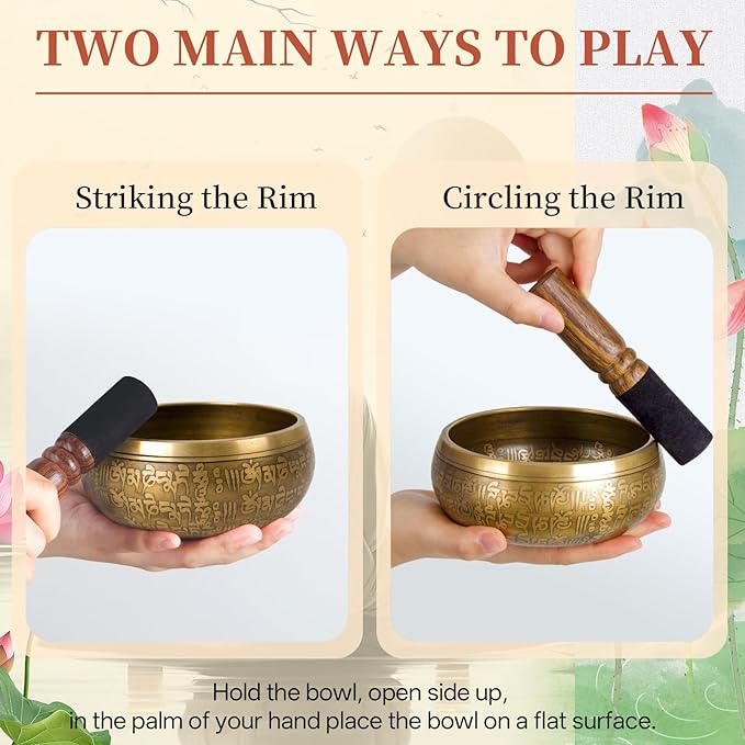 AKLOT HandMade Meditation Singing Bowl: Tibetan Sound Bowl Set with Pure Tone, Sound Bath Bowl with Cushion, Mallet, Carry Bag, Spiritual Gift for Chakra Clearing, Yoga, Prayer, Relaxation (5 Inch)
