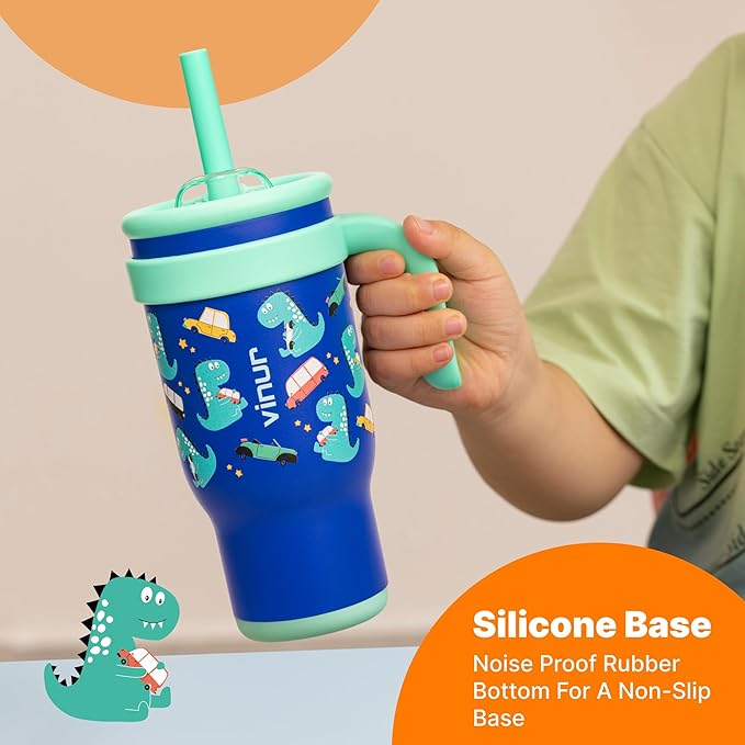 VINUR Kids Tumbler with Handle and Straw Lid |17 oz Stainless Steel Insulated Leak Proof Water Tumbler Mug for Kids Boys Girls 6+| Holder Friendly | Dinosaur - Bloomnest