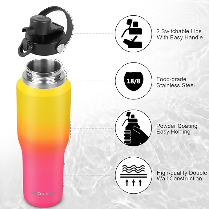 32oz Water Bottle with Powder Coated, Fit in Any Car Cup Holder, Water Bottle with Straw Lids, Stainless Steel Insulated Water Flask Double Wall Leak-proof BPA Free to Keep Cold&Hot - Bloomnest