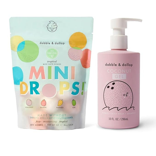 Dabble & Dollop Tropical Mini Bath Bombs & Coconut Shampoo, Body Wash and Bubble Bath for Kids - All Natural Scents, Resealable Pouch, Vegan, Gluten-Free, Cruelty-Free (Pack of 2) - Bloomnest