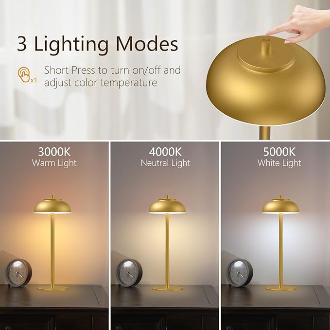 2 Pack Led Cordless Table Lamp: Modern Portable Desk Lamp for Indoor/Outdoor Use, 3 Color Dimming Rechargeable Battery Lights for Dining Room, Living Room, Patio, Camping(Gold) - Bloomnest