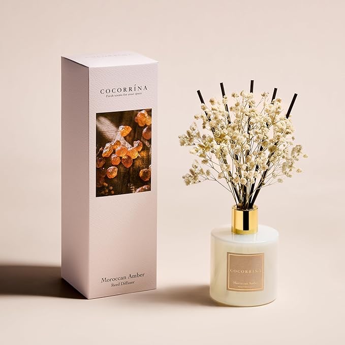 COCORRÍNA Reed Diffuser - Moroccan Amber 6.7 Fl.oz Reed Diffuser Set with Sticks & Preserved Baby's Breath, Reed Diffuser for Home Bathroom Shelf Decor - Bloomnest