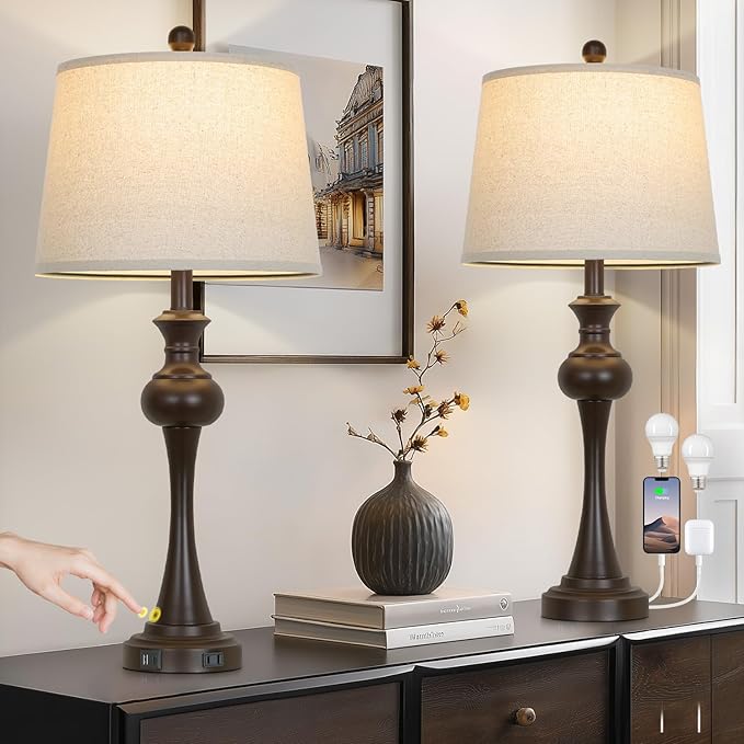 29" Brown Table Lamps Set of 2, Tall Bedside Lamps with USB C+A Ports, 3-Way Dimmable Touch Table Lamp, Nightstand Lamps for Bedroom,Modern Brown Lamps with Beige Lampshade, Bulbs Included - Bloomnest