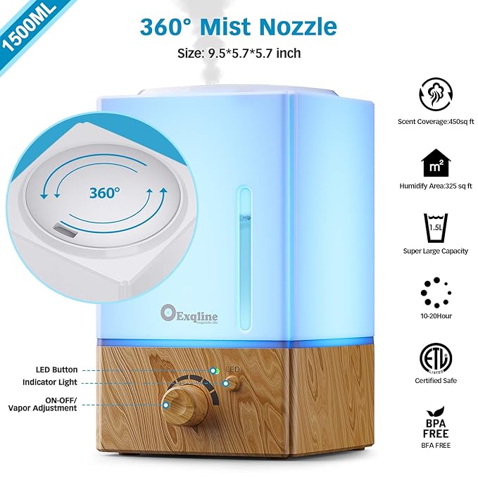 Exqline 1500ml Large Aroma Essential Oil Diffuser - Unique Aromatherapy Humidifier for Large Room (Wood Grain) - Bloomnest