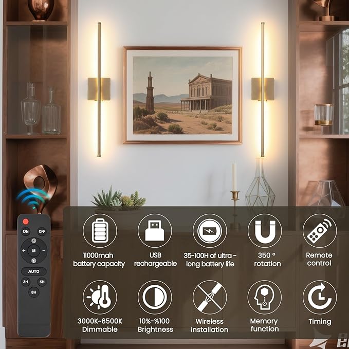 Battery Operated Wall Sconces set of 2, 11000mAh Rechargeable Brushed Bronze Wireless Wall Lights, 350°Rotate Dimmable Wall Lamp with Remote, 3 Color Temperatures, for Bedroom, Living Room, Hallway - Bloomnest