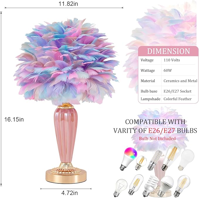 Colorful Feather Lamp Fluffy Table Lamp Furry Bedside Lamp Romantic Princess Lights Goose Feather Night Light for Bedroom Wedding Decor Valentines Dating Livingroom Hotel Office - Bloomnest