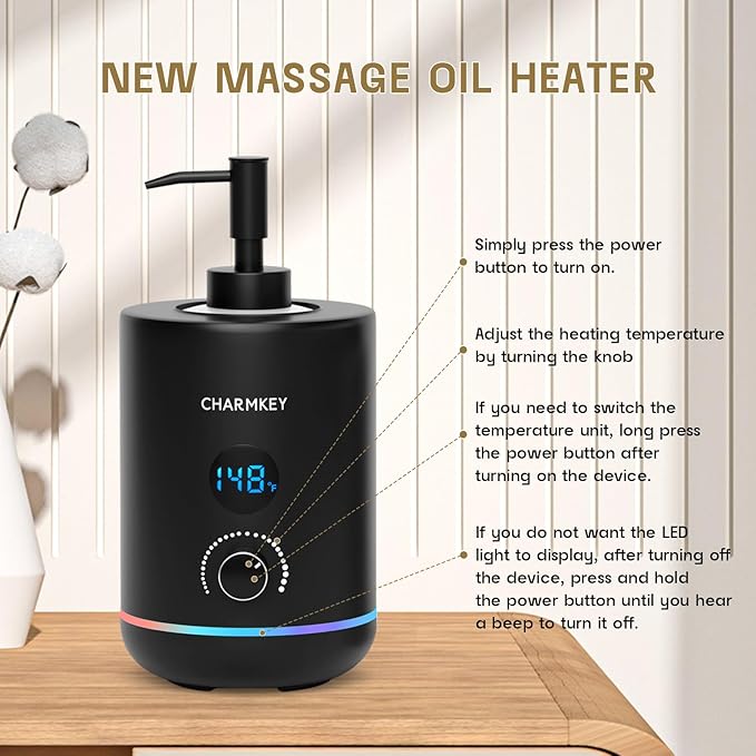 CHARMKEY Massage Oil Warmer Black, 2 Oil Bottle Dispensers & 2 Silicone Funnels, Digital Heater for SPA, Oil Lotion Cream for Salon, Barber Shops, Home - Bloomnest