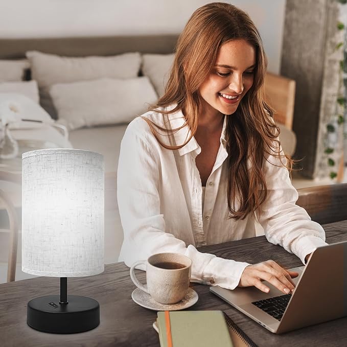 Small Table Lamp, Minimalist with Flaxen Shade, 9 Inch Design for Bedroom & Dorm Room, 2 Pack - Bloomnest