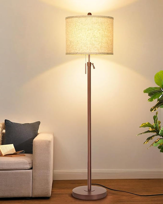 Metal Brown Floor Lamp for Living Room, Adjustable Height Standing Lamp, Pole Light for Bedroom, with Linen Shade and Metal Base, Pull Chain Switch, 3-Way 8W LED Bulb Included - Bloomnest