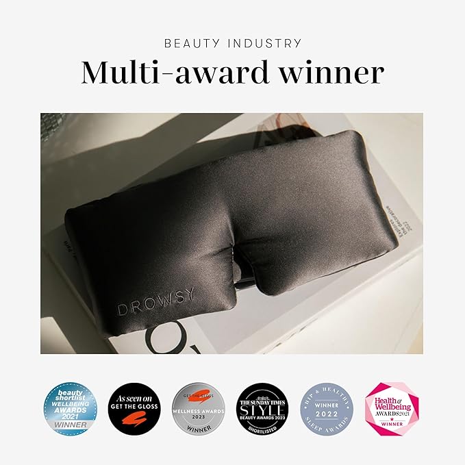 DROWSY Eyelash Protecting Silk Sleep Mask for Natural Lashes & Extensions. Deep Eye Cups, Zero Pressure, Total Blackout, Full Wraparound (Moonlight Shadow)