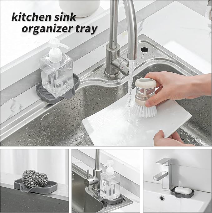 Silicone Bathroom Soap Dishes with Drain Spout-Bathroom and Kitchen Sink Organizer,Sponge Holder,Dish Soap Tray,Perfect for Dispenser,Scrubber,Bottle,Cup on Sink or Counter-Grey 4.9"×3.2" - Bloomnest