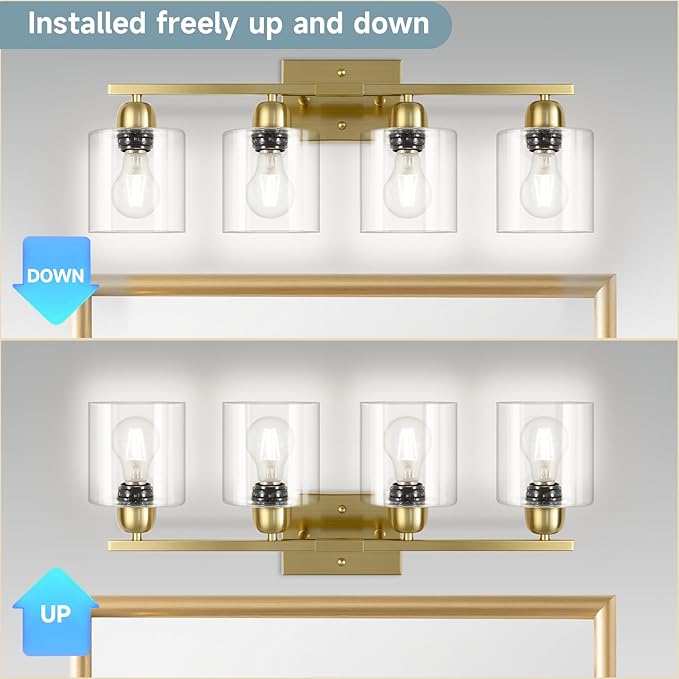 Modern Brushed Gold 4 Light Bathroom Light Fixtures, 24 inch Vanity Lights for Bathroom with Clear Glass for Mirror Kitchen Living Room Hallway Cabinet Porch - Bloomnest