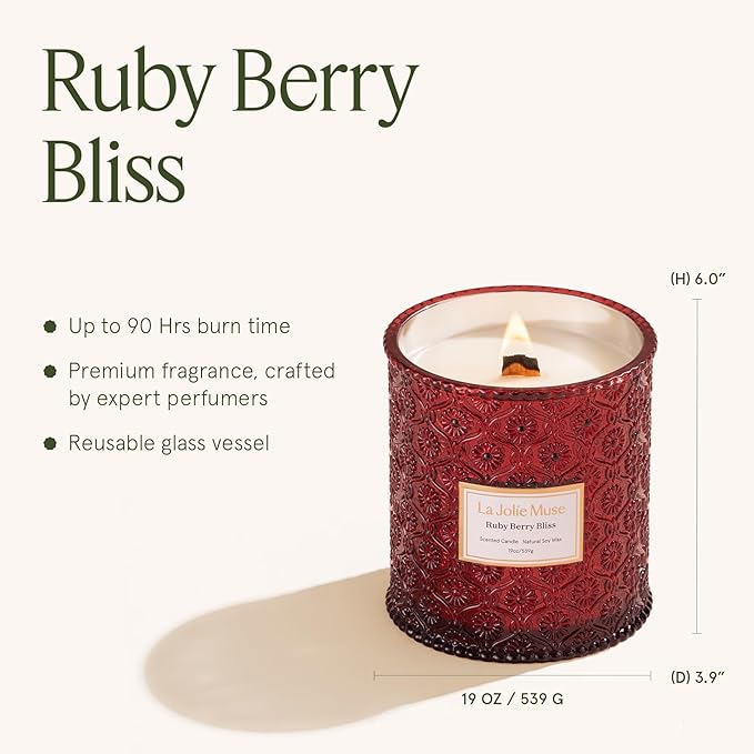 LA JOLIE MUSE Ruby Berry Bliss Scented Candle – Mandarin, Cranberry & Plum | 19 oz Festive Fall Candle | Wooden Wick | Clean Burn & Vibrant Scent | Fun Gift for Hosts & Fall Tablescapes - Bloomnest