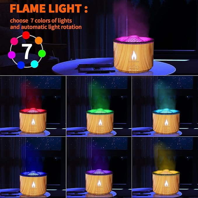 BOHOFAM Aroma Essential Oil Diffuser 360 ML,Volcano and Flame Diffuser/Humidifier,Give1.76 oz Hotel Collection Diffuser Oils,7 Colorful Light Change,Diffusers for Home,Large Room(Wood Grain) - Bloomnest