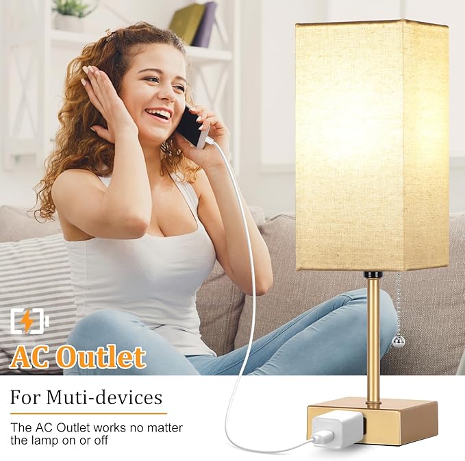 Table Lamp for Bedroom set of 2,3-Color Bedside Lamps with Pull Chain Table Lamps for Nightstand with AC Outlets,Small Night Light Lamps with 2 Bulbs Lamps for Living Room Kids Room Office Decor（Gold） - Bloomnest