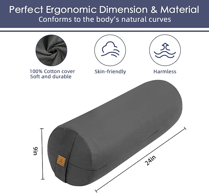 Organic Buckwheat Bolster(24X9 in) Yoga Bolster Supportive Yoga Cushion for Restorative Yoga Accessories Meditation Pillow Reading Pillow Floor Pillow Large Round Cylinder - Bloomnest