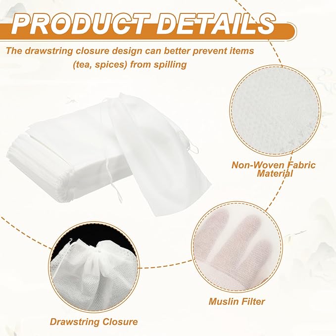 uxcell 100 Pcs Spice Bags for Cooking, 3x5 in Disposable Empty Tea Bags Muslin Non-Woven for Loose Leaf Tea Sachet Straining Soups Herbs, White - Bloomnest