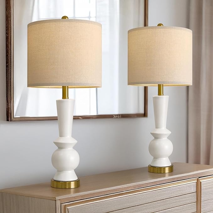 PORTRES 27" Modern Ceramic Table Lamp Set of 2 for Living Room White & Gold Bedside Lamps for Bedroom Nightstand Lamp Tall End Table Lamps - Bloomnest