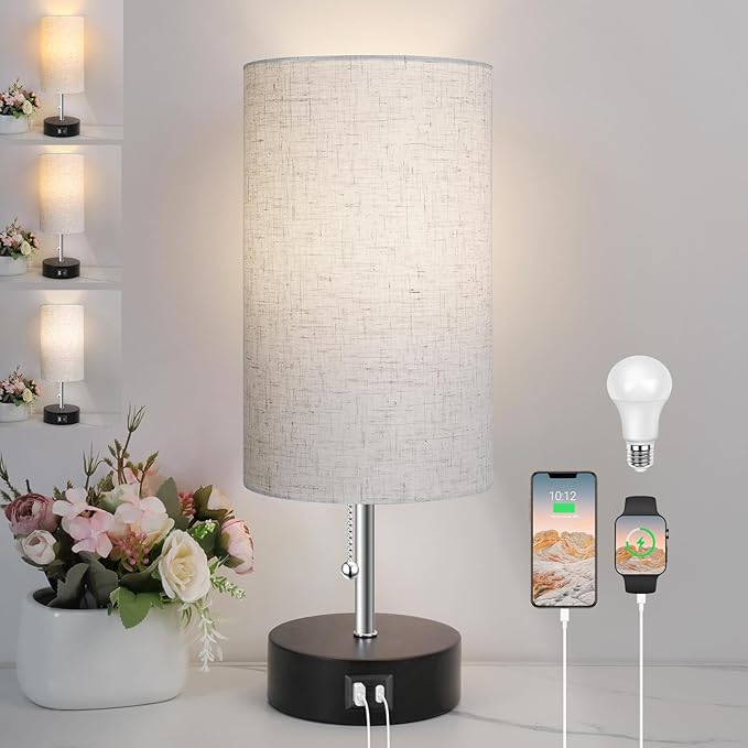 ROTTOGOON 3-Color Temperature Bedside Lamp Nightstand Lamp with USB A Port and C Port, Table Lamp for Bedroom with LED Bulb Small Lamps for Living Room (Otmeal) - Bloomnest