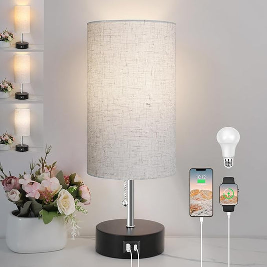 ROTTOGOON 3-Color Temperature Bedside Lamp Nightstand Lamp with USB A Port and C Port, Table Lamp for Bedroom with LED Bulb Small Lamps for Living Room (Otmeal) - Bloomnest