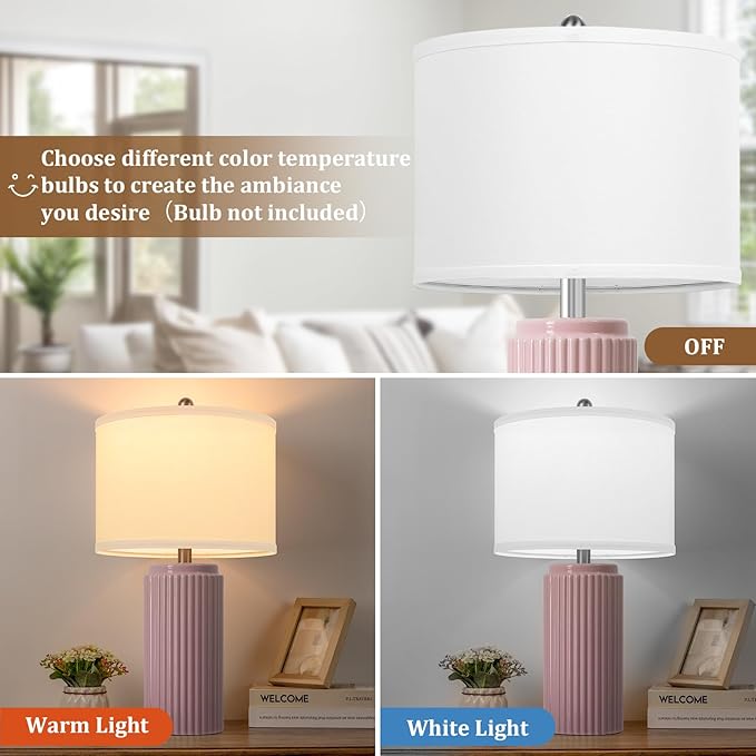 23.5’’ Modern Pink Table Lamps Set of 2 for Living Room, Ceramic Bedside Lamps with White Linen Shade for Girls Room, Rustic Nightstand Lamps for Bedroom Home Office, Cute Lamps for End Table Dorm - Bloomnest