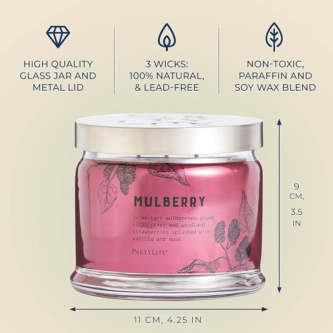 PartyLite Mulberry Scented, Notes of Tart Black Currant, Sweet Blackberry, Juicy Mulberry & Jewels of Pomegranate, 13.2oz 3-Wick Jar Candle, 45 Hour Burn Time, Luxurious Fragrance, Perfect for Gifting - Bloomnest