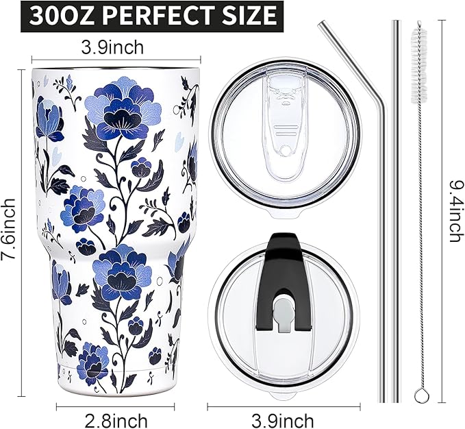 30 oz Tumbler with Lids and Straws Double Wall Insulated Tumbler Cup,Stainless Steel Vacuum Tumbler Powder Coated Travel coffee Mug for Cold and Hot Drinks,Blue and White Porcelain - Bloomnest