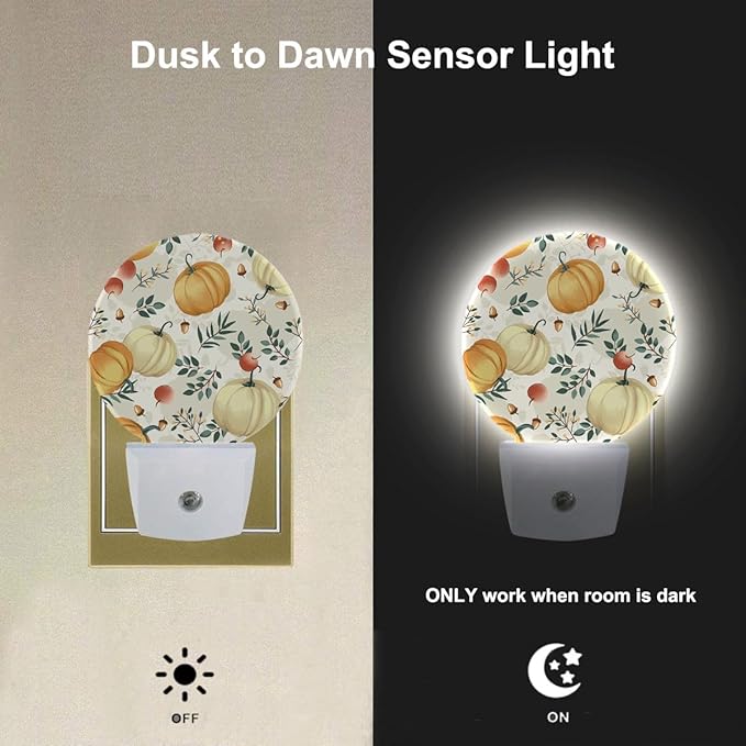EKOBLA Pumpkin Night Light with Dusk to Dawn Auto Sensor, Autumn Fall Maple Leaf Plug-in Nightlights, Soft Glow LED Lighting for Bedroom Bathroom Hallway Kitchen - Bloomnest