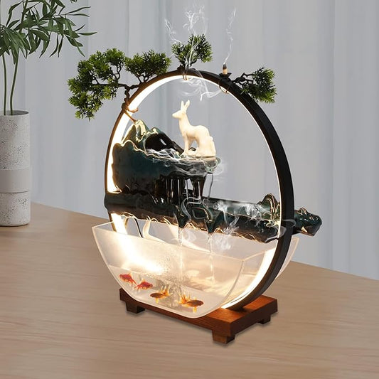 17Inch Mini Fish Tank Tabletop Decoration Indoor Waterfall Fountains Humidifier with LED Light and Atomizer Mist, Water Fountain Japanese Zen Decor Meditation Fake Plants Bonsai Gift - Bloomnest