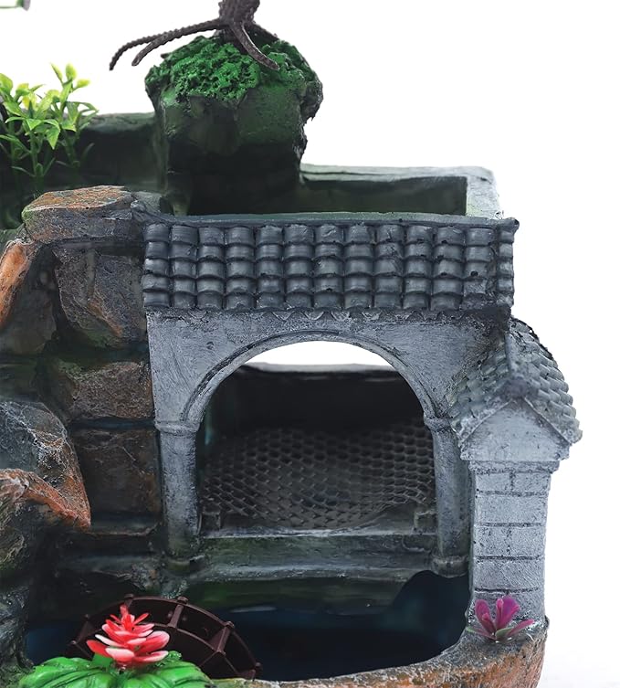Rockery Tabletop Fountain, Chinese Feng Shui Waterfall Desktop Water Fountain Decor with LED Light, Rockery Tabletop Decoration with Windmills, Plant for Office, Home, Bedroom Desk Decoration