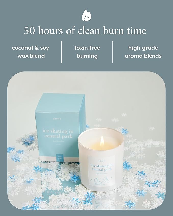 Literie NYC Inspired Scented Candle: Ice Skating in Central Park - Hot Chocolate Scent, 9oz, 50 Hour Burn, Vegan Soy & Coconut Blend Candle for Home Decor, Gift for Women & Men - Bloomnest