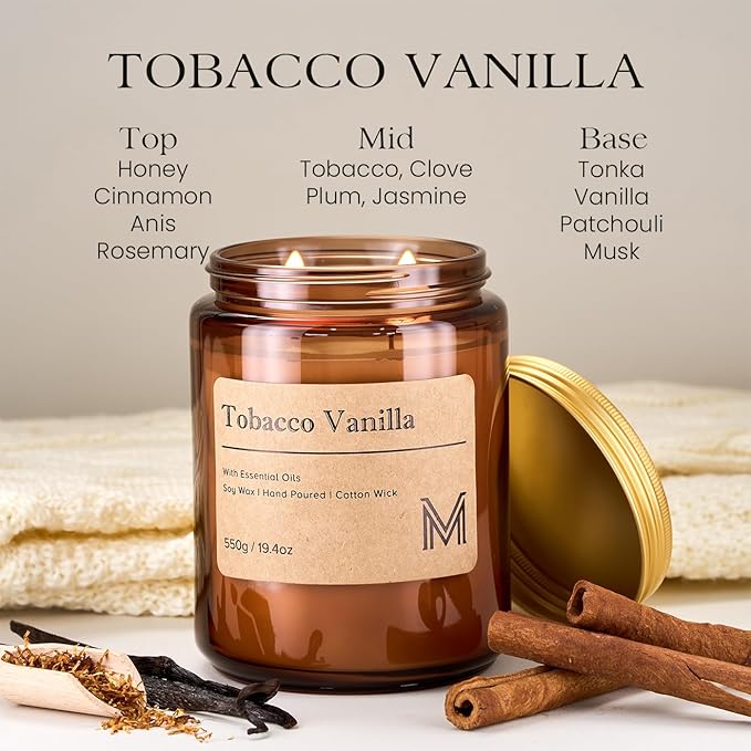 M&SENSE Tobacco Vanilla Home Scented Candle | 19.4oz, 115-Hour Burn | Natural Organic Soy Wax | Long-Lasting for Stress Relief and Gifting | for Bedroom，Relaxing SPA，Office - Bloomnest