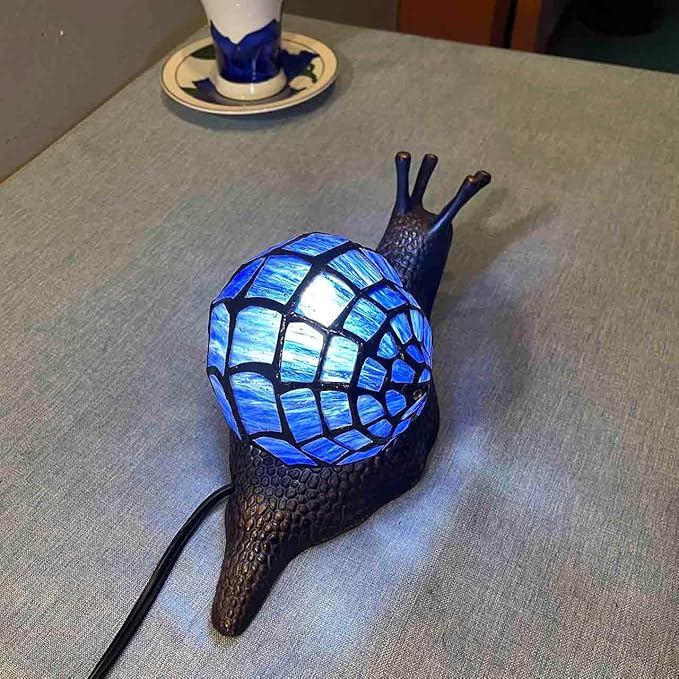 Bieye L10983 Land Snail Tiffany Style Stained Glass Accent Table Lamp for Home Decoration (Blue, 10" D x 5" W x 5" H) - Bloomnest