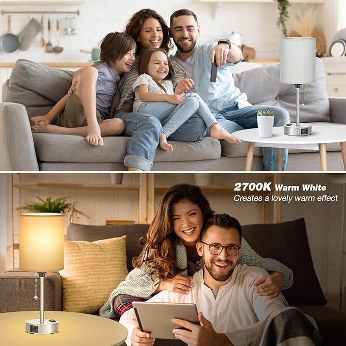 Grey Bedroom Lamp for Nightstand - 3 Color Temperature Table Lamp with USB C and A Ports, Pull Chain Bedside Lamp with AC Outlet, Desk Lamp with Silver Metal Base for Kids Girls - Bloomnest