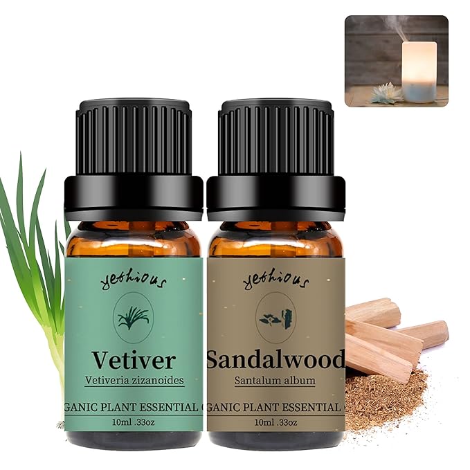yethious Sandalwood Vetiver Essential Oil Set 100% Pure Organic Undiluted Aromatherapy Oils for Diffuser, Skin, Hair, Perfume, Soap, Candle Making 2 x 10ML - Bloomnest