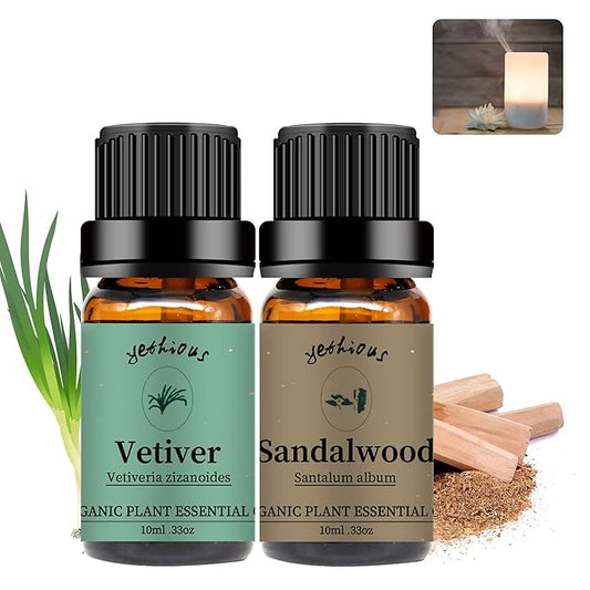 yethious Sandalwood Vetiver Essential Oil Set 100% Pure Organic Undiluted Aromatherapy Oils for Diffuser, Skin, Hair, Perfume, Soap, Candle Making 2 x 10ML - Bloomnest