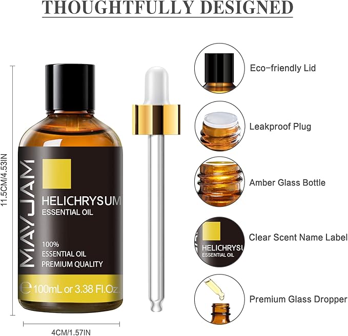 Helichrysum Essential Oil, MAYJAM Pure Essential Oils for Diffusers, 3.38FL.OZ/100ML Large Volume Helichrysum Oil with Premium Glass Dropper - Bloomnest