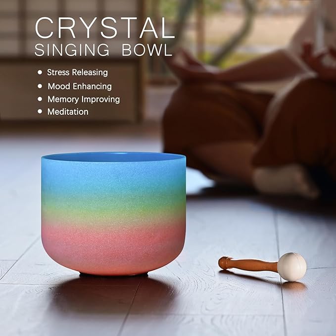 CVNC 440HZ 8 Inch Rainbow Colored G Note Throat Chakra Frosted Quartz Crystal Singing Bowl for Sound Healing and Meditation - Bloomnest