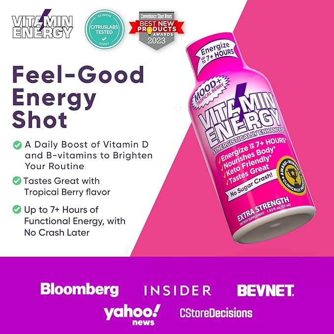 Vitamin Energy Mood+ Extra Strength Energy Shot Tropical Berry 10 Pack, 260mg Natural Caffeine, B-Vitamins, Rhodiola, Chamomile, Mood & Energy Support, Zero Sugar, Gluten-Free, Vegan, 1.93 fl oz - Bloomnest