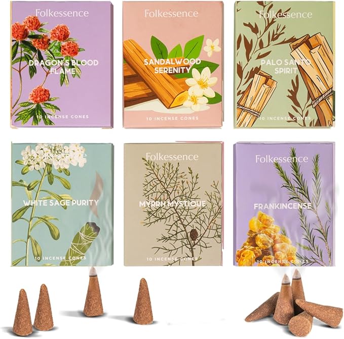Folkulture Incense Cones Scented | Set of 6 (60 Cones) Pack for Relaxation | Palo Santo, Frankincense, White Sage, Sandalwood Inscents for Gifts for Her | Incense Cone Variety Pack