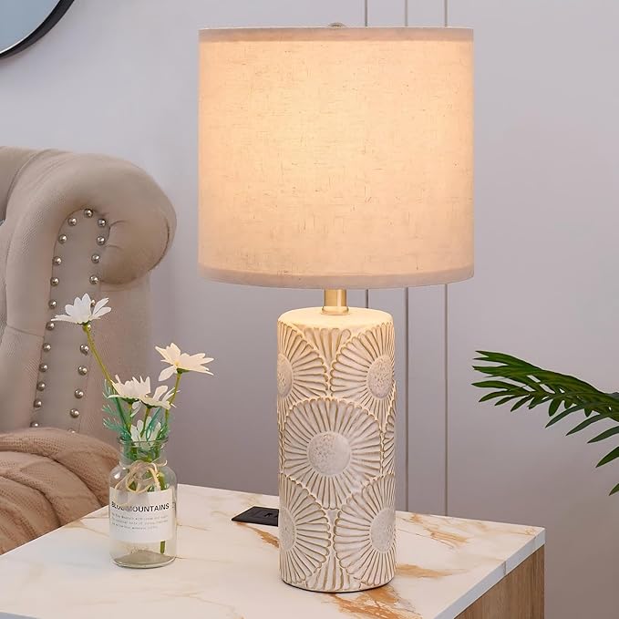 20.75" White Ceramic Lamps Set of 2 with Floral Design, Farmhouse White Table Lamp for Living Room, Bedroom, Beige Lamps for Nightstands Set of 2 - Bloomnest