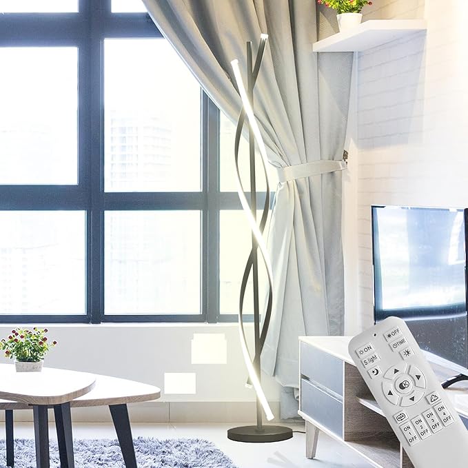 61" LED Floor Lamp for Living Room, 40W 3 Colors Stepless Dimmable and Color-Changing Bright Floor Standing Lamp,Unique Spiral Floor Tall Lamp for Bedroom Office with Remote (Black) - Bloomnest