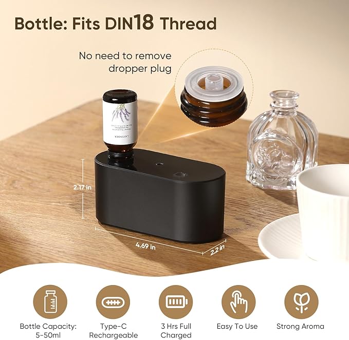 Waterless Diffuser for Home Essential Oil Diffuser, Aromatherapy Diffuser, Portable Scent Diffusers, 3 Mist Modes, Cycle Start for Bedroom, Office Studio 350-700 sq. ft Black - Bloomnest
