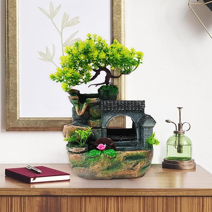 Tabletop Waterfall Fountain – 11 in Rockery Humidifier with Color-Changing LED Light, Adjustable Pump & Faux Bonsai Tree, Resin Indoor Desk Fountain Décor for Bedroom, Office, Aquarium, Meditation