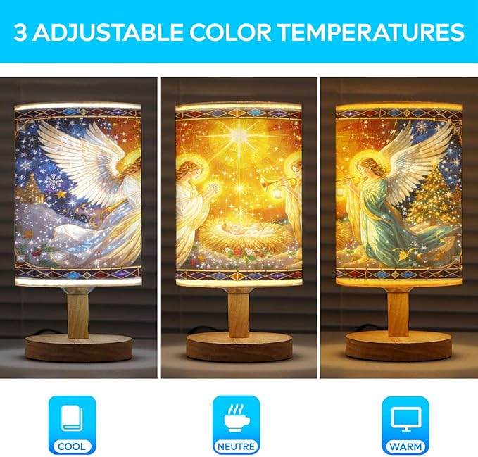 Christmas Angels Table Lamp LED 3-Color Pressed Bedside for Merry Christmas, Christmas Angels Shade Christmas Table Lamp with Wood Base for Bedroom Living Room Desk Office - Bloomnest