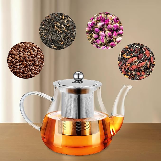 Glass Teapot 28oz/800ml with Removable Infuser, Borosilicate Clear Tea Kettle, Stovetop Safe Tea Kettle Blooming Loose Leaf Teapots, for Camping, Travel - Bloomnest