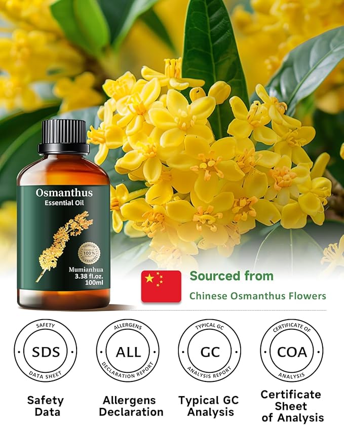 Pure Osmanthus Essential Oil, Mumianhua Natural Osmanthus Oil for Diffuser, Skin, Air Purifier,Candle Making, Massage, Relaxation, Evening Luxury, Garden Elegance, Home Fragrance 3.38 Fl Oz - Bloomnest