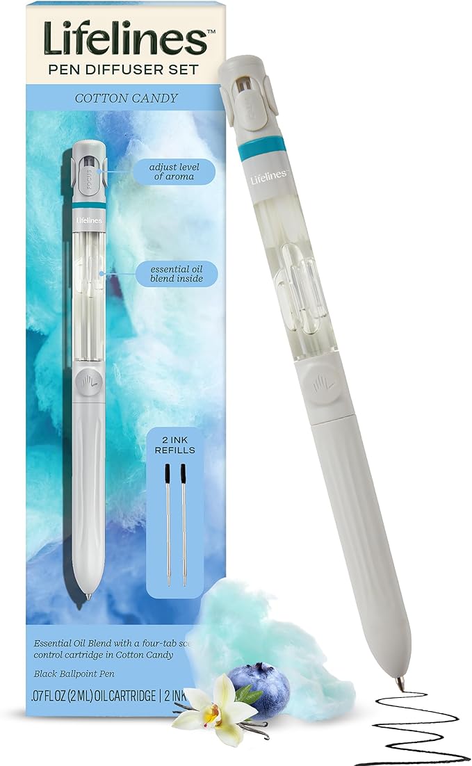 Lifelines Pen Diffuser Set, Cotton Candy - 1mm Black Ballpoint Pen with Scented Essential Oil Blend & 2 Ink Refills – Aromatherapy Diffuser & Sensory Immersion Diffuse Aroma As You Write - Bloomnest