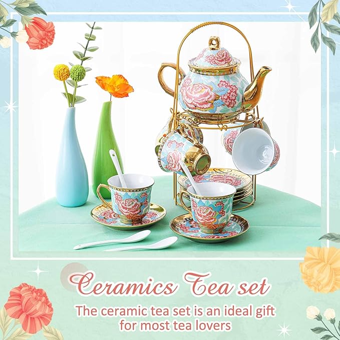 Zhehao 20 Pcs Porcelain Tea Set with Metal Holder and Spoon Adult Ceramic Tea Set European Flower Painting Teapot Cup Saucer Spoon for Women, Large Version(Vintage Style) - Bloomnest
